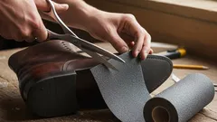 Schuster schneidet Sohlenmaterial für Lederschuh, Handwerk und Schuhreparatur