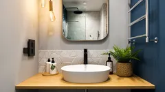 Modernes Badezimmer mit rundem Waschbecken, Holzplatte und Spiegel, dekoriert mit Pflanze.