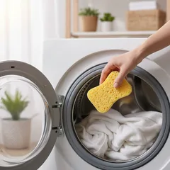 Hand legt gelben Schwamm in Waschmaschine zu weißer Wäsche, Haushaltsreinigung
